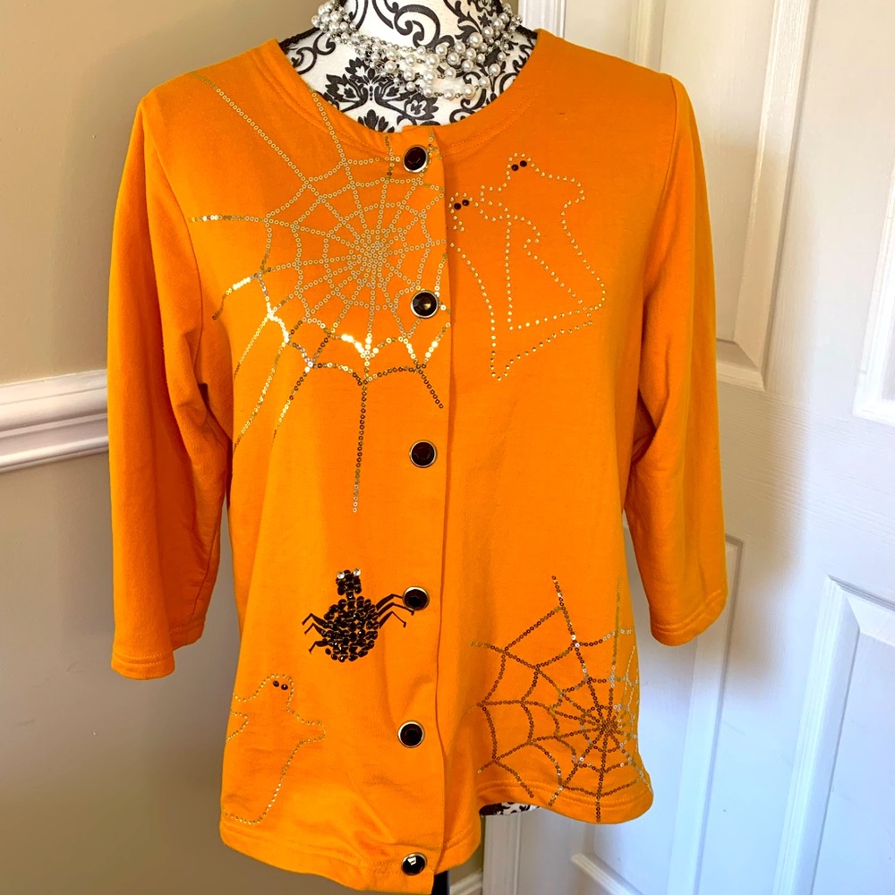 Onque Casuals, Halloween top, snap up, sequins! Size Large 🎃